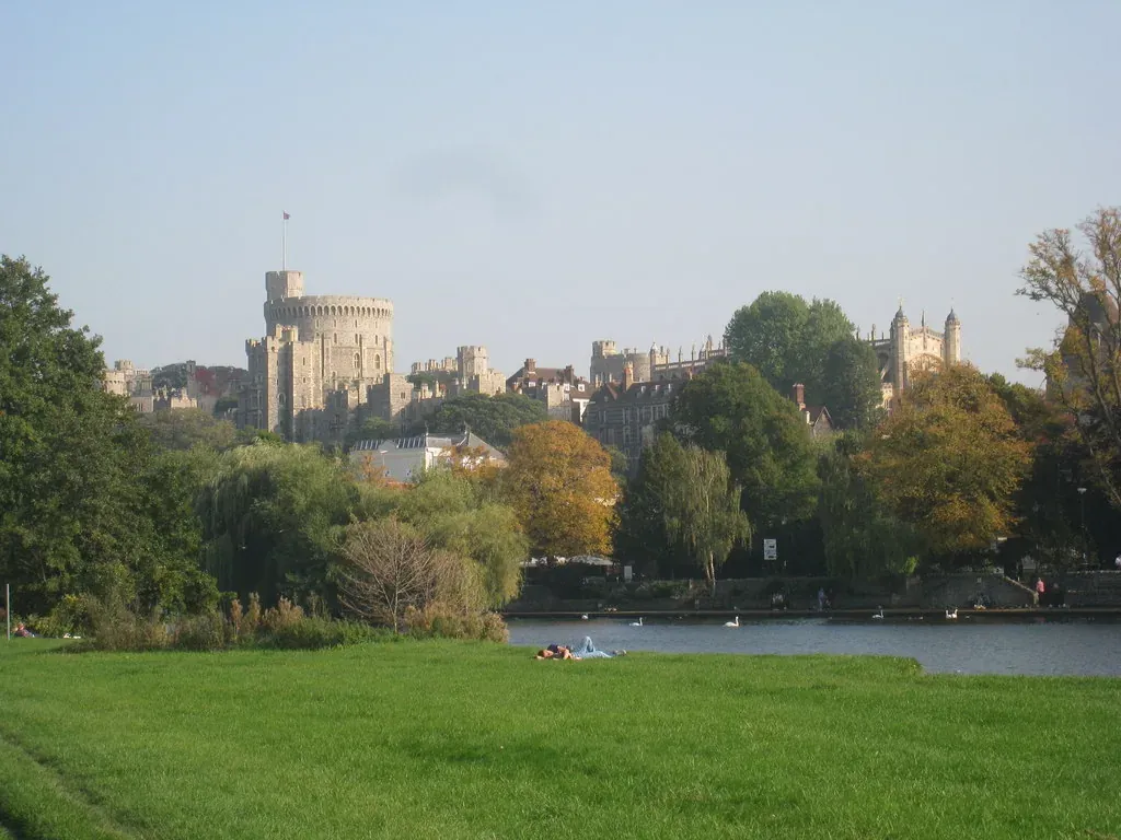 Windsor Castle and the Round Tower seen from the open grass of The Brocas on the Eton bank of the Thames