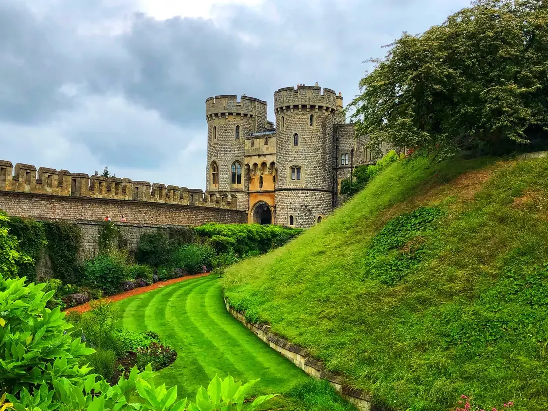 The Norman Gate towers and lawns on the grounds of Windsor Castle, England