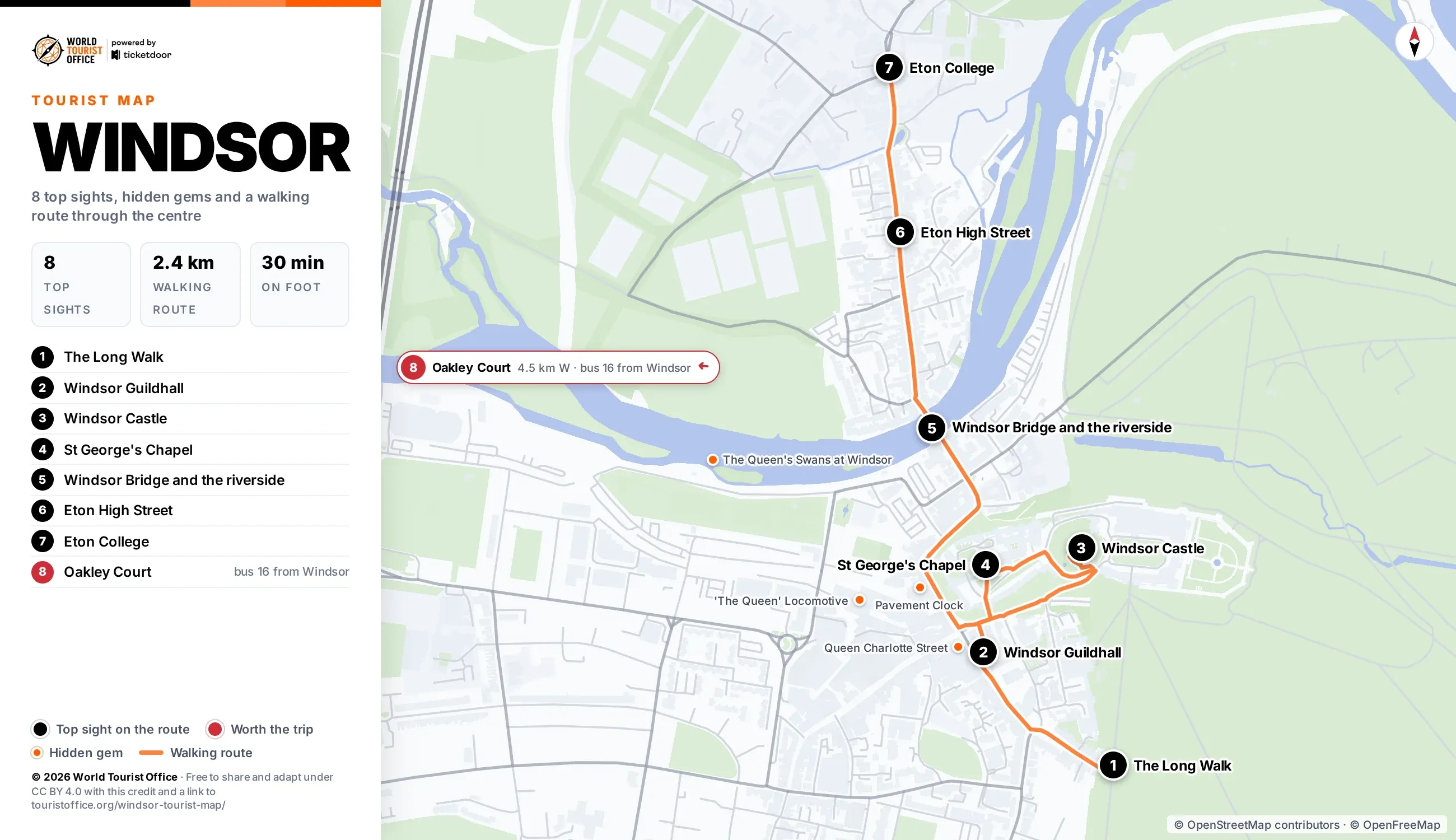 Windsor tourist map with 8 numbered top sights, hidden gems and a walking route