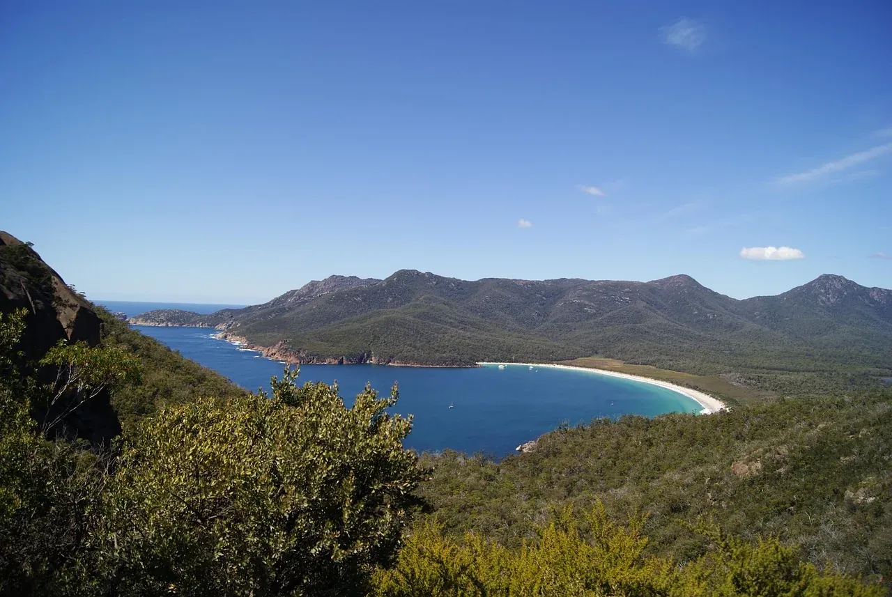 The curve of Wineglass Bay seen from the lookout in Freycinet National Park, Tasmania