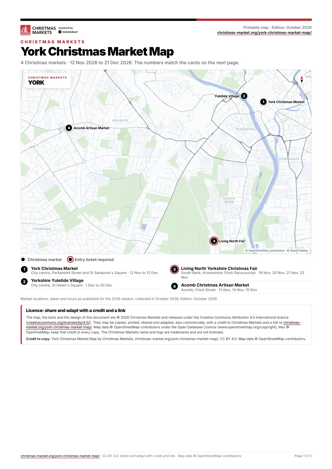 Page 1 of the printable York Christmas market map PDF
