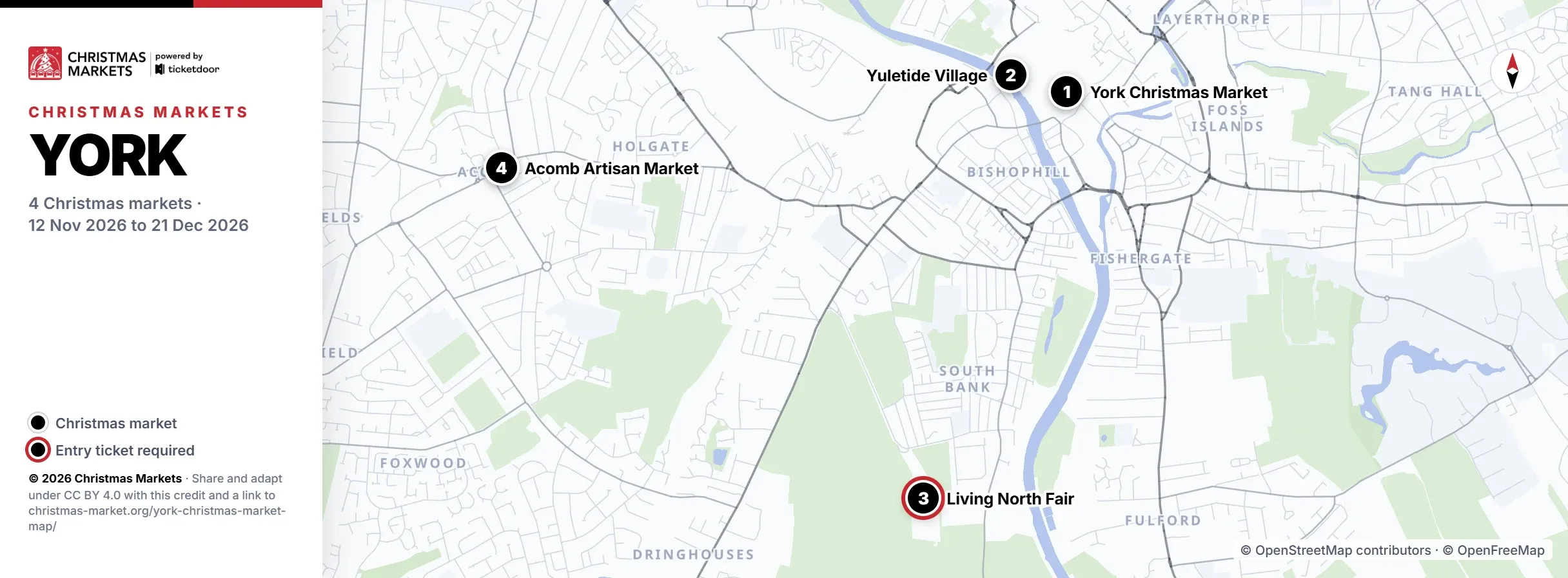 York Christmas market map with the 4 markets numbered