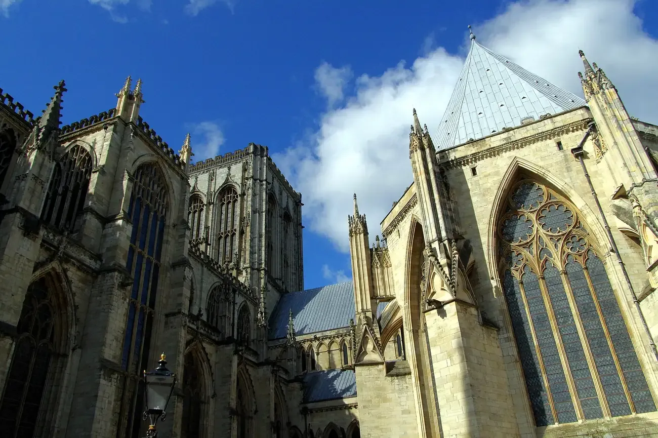 The exterior of York Minster rising over the city of York