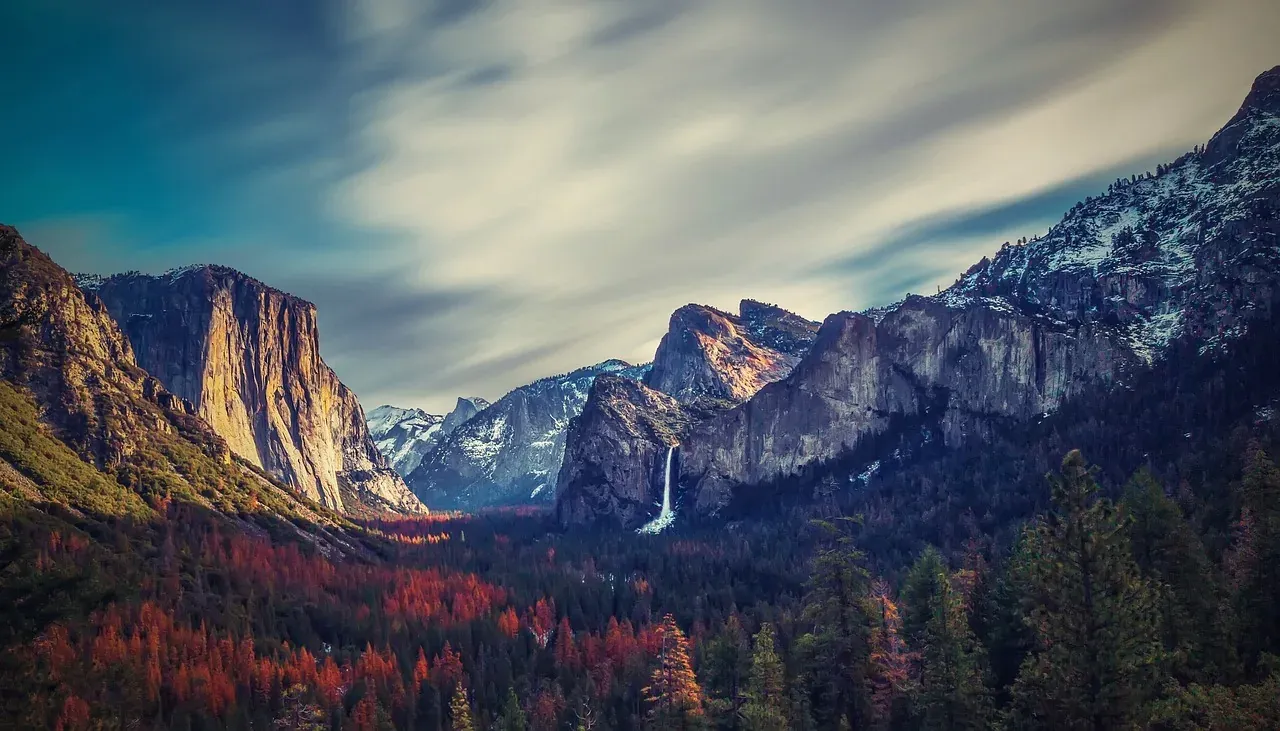 Autumn colour on the floor of Yosemite Valley below the cliffs in California