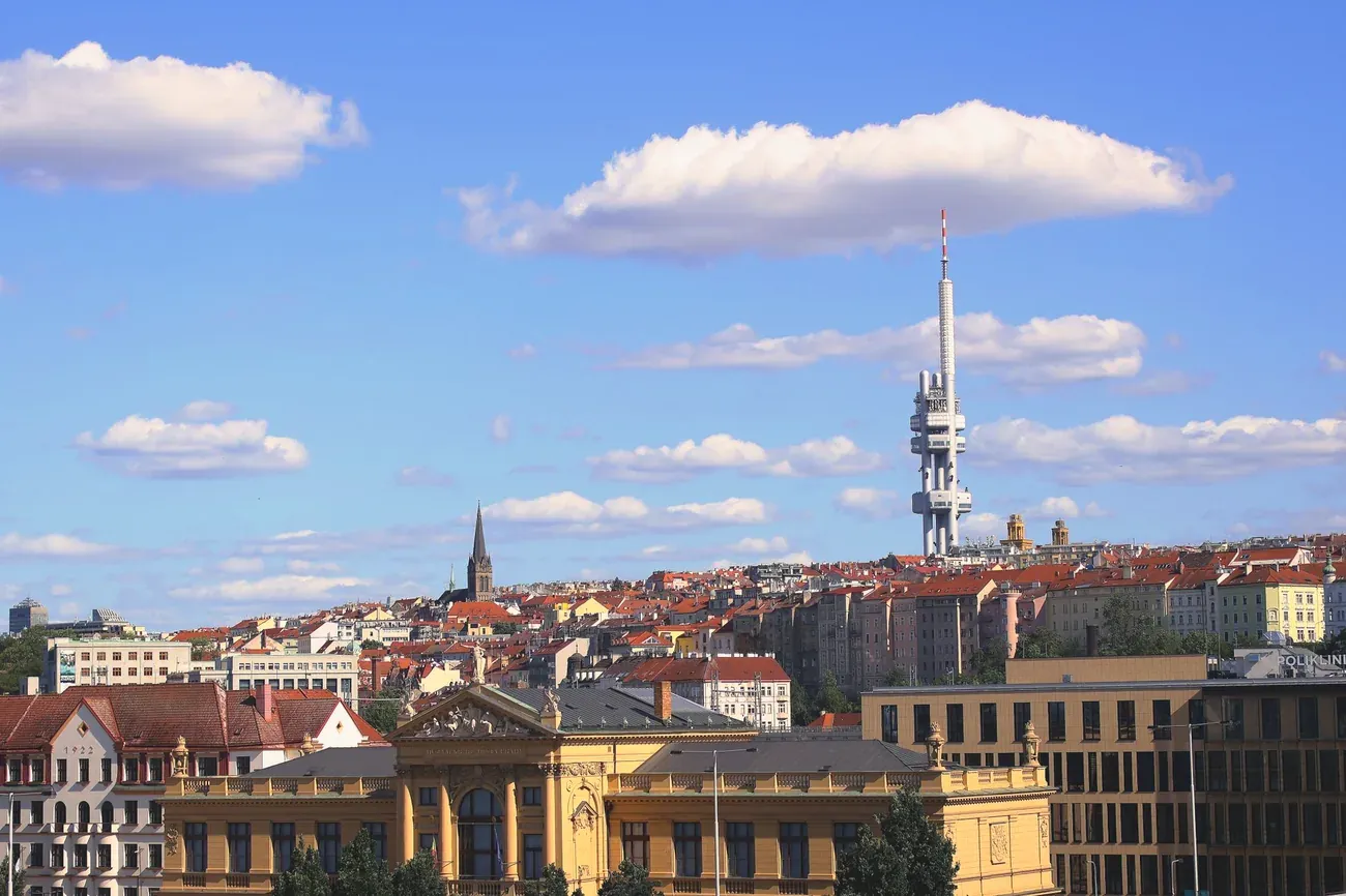 The Zizkov Television Tower rising over the Prague skyline