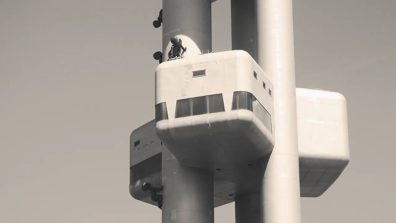 The cabin pods of the Zizkov Television Tower in black and white